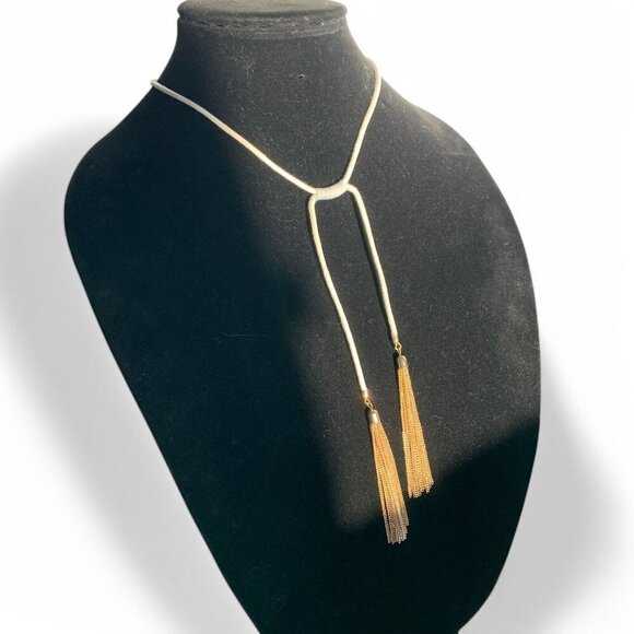 White Rope Gold-Tone Lariat Necklace Gold Tassel Chain Ends & Adjustable Closure - Picture 2 of 10